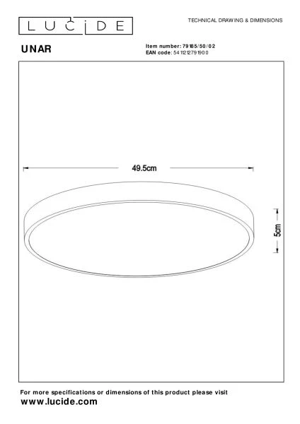 Lucide UNAR - Plafonnière - Ø 49,5 cm - LED Dimb. - 1x36W 2700K - 3 StepDim - Mat Goud / Messing - technisch